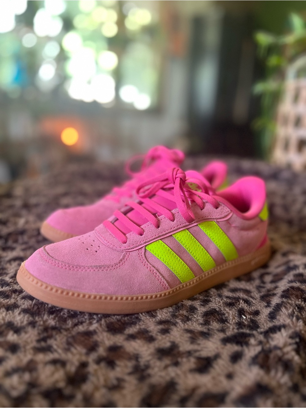 adidas Pink Suede Sneakers with Neon Lime Stripes